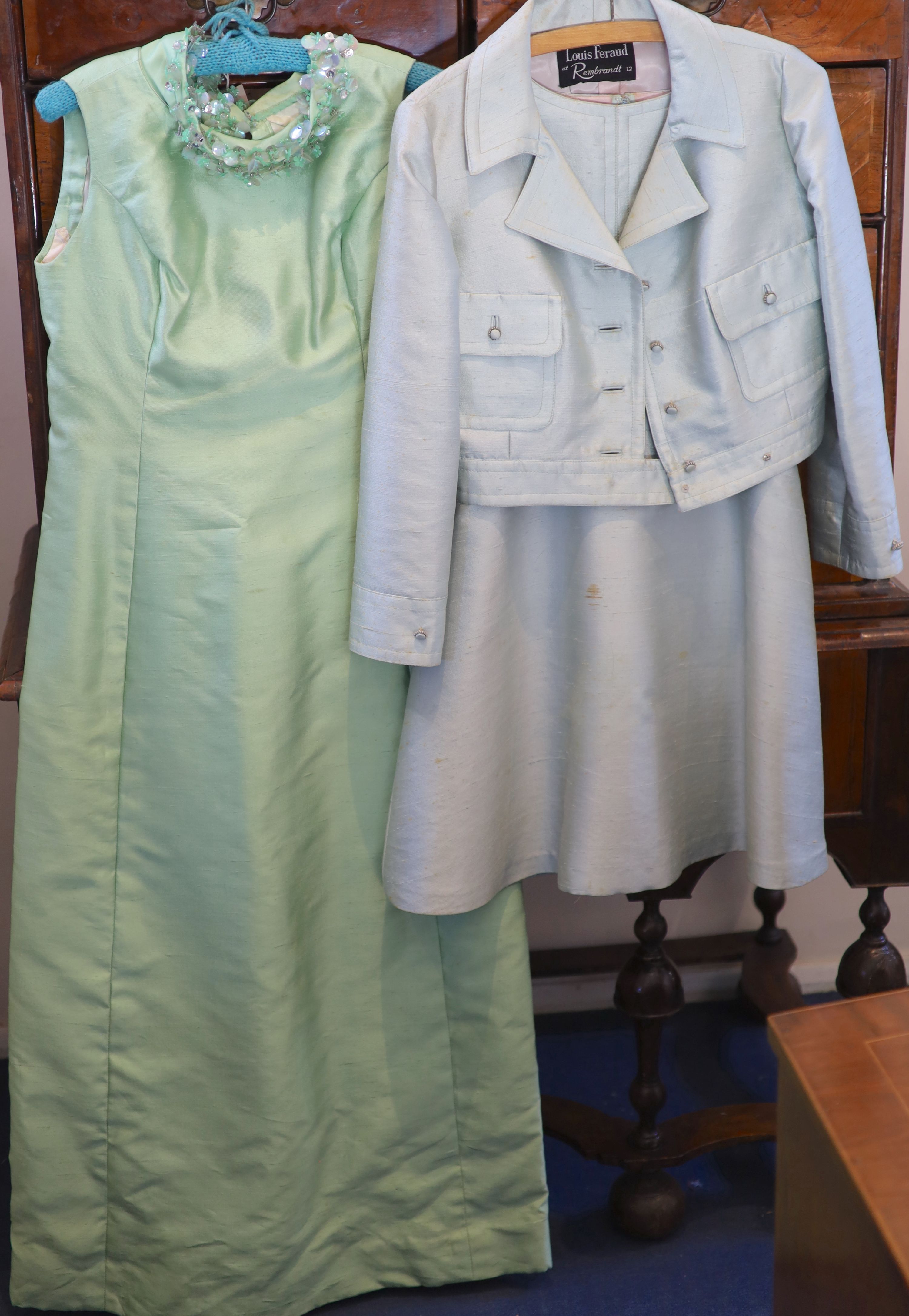 A pale green silk dress and jacket, labelled Louis Feraud,
